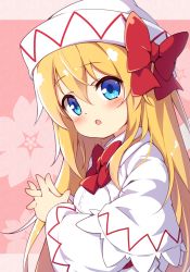 Rule 34 | 1girl, :o, baku-p, blonde hair, blue eyes, blush, bow, capelet, commentary request, dress, floral background, hair between eyes, hat, hat bow, lily white, long hair, long sleeves, looking at viewer, parted lips, red bow, solo, touhou, upper body, very long hair, white capelet, white dress, white hat, wide sleeves