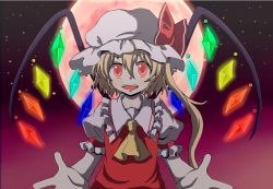 Rule 34 | 1girl, blonde hair, flandre scarlet, full moon, hat, md5 mismatch, moon, open mouth, outstretched arms, red eyes, red moon, red sky, ribbon, short hair, side ponytail, sky, smile, solo, touhou, wings, ximsol182, yaya-9 (ximsol)