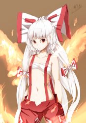 Rule 34 | 1girl, baggy pants, bare shoulders, bow, brown background, chest sarashi, cigarette, collarbone, fiery wings, fire, fujiwara no mokou, hair bow, hand in pocket, hell.k, highres, long hair, midriff, navel, ofuda, ofuda on clothes, open fly, pants, red eyes, red pants, sarashi, simple background, stomach, suspenders, touhou, very long hair, white bow, white hair, wings