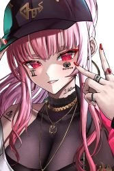 Rule 34 | 1girl, baseball cap, black hat, black shirt, blouse, blunt bangs, blush, breasts, chu-e, commentary, english commentary, english text, eyebrows hidden by hair, facial mark, facial tattoo, gem, gold necklace, hair behind ear, half-closed eyes, hat, highres, hololive, hololive english, jewelry, large breasts, mori calliope, mori calliope (streetwear), nail polish, neck tattoo, necklace, parted lips, pink hair, ponytail, portrait, red eyes, red gemstone, red nails, ring, see-through, see-through shirt, shirt, sidelocks, smile, solo, tattoo, v, virtual youtuber, white background