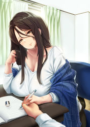 Rule 34 | 1girl, book, breast rest, breasts, brown eyes, brown hair, chair, closed mouth, collarbone, commentary request, curtains, hair between eyes, highres, holding, indoors, kuchibue (tanima club), large breasts, long hair, long sleeves, looking at viewer, open book, original, shirt, sitting, smile, solo focus, white shirt