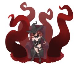 Rule 34 | 1girl, bare shoulders, black footwear, black hat, black legwear, bleeding, blood, bloody knife, bloody weapon, boots, breasts, brown hair, chair, cleavage, closed mouth, collarbone, crossed legs, detached sleeves, dripping, eyepatch, guee (ebifry teishoku), hair between eyes, hat, highres, holding, holding knife, holding weapon, injury, knife, looking at viewer, medium hair, o-ring, original, pointy ears, puddle, purple eyes, ripples, simple background, sitting, smile, solo, stitches, tentacles, thigh strap, weapon, white background, witch, witch hat