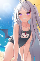 Rule 34 | 1girl, ahoge, all fours, beach, black one-piece swimsuit, black wings, blue archive, blue sky, cloud, commentary request, day, grey hair, grin, hair ornament, hairclip, highres, hina (blue archive), hina (swimsuit) (blue archive), long hair, looking at viewer, low wings, name tag, one-piece swimsuit, one side up, outdoors, parted bangs, purple eyes, rindou ringdong, sand, school swimsuit, sky, smile, solo, swimsuit, very long hair, water, wet, whistle, whistle around neck, wings