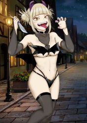 Rule 34 | 1girl, absurdres, blonde hair, blunt bangs, blush, boku no hero academia, double bun, fangs, hair bun, halloween, halloween costume, highres, holding, holding knife, holding weapon, knife, messy hair, nail polish, open mouth, purple nails, sidelocks, solo, toga himiko, tongue, tongue out, weapon, yellow eyes