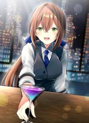 Rule 34 | 1girl, bar (place), bartender, brown hair, building, city, cityscape, cocktail, cocktail glass, commentary request, crossover, cup, drinking glass, girls&#039; frontline, green eyes, highres, hiroichi, springfield (girls&#039; frontline), necktie, night, solo, va-11 hall-a