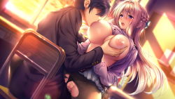 Rule 34 | 1girl, amakano 2, azarashi soft, blonde hair, blush, grabbing another&#039;s breast, breast sucking, breasts, breasts out, censored, chair, classroom, clothed sex, clothes lift, clothing aside, desk, embarrassed, evening, game cg, grabbing, hair between eyes, highres, indoors, large breasts, long hair, mosaic censoring, nipples, no bra, no eyes, panties, panties aside, panties under pantyhose, pantyhose, penis, pink eyes, piromizu, pussy, sex, shirt lift, skirt, straddling, torn clothes, torn legwear, torn pantyhose, tsutamachi chitose, underwear, upright straddle, vaginal