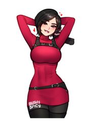 Rule 34 | 1girl, ada wong, arms behind head, artist name, belt, blushyspicy, breasts, brown hair, covered navel, cropped legs, gun, handgun, heart, holding, holding gun, holding weapon, large breasts, long sleeves, pantyhose, red lips, red sweater, resident evil, resident evil 4, short hair, smile, solo, sweater, transparent background, watermark, weapon
