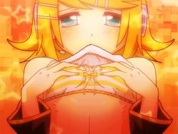 Rule 34 | 1girl, animated, animated gif, aqua eyes, blonde hair, blush, bra, breast massage, breasts, clothes lift, detached sleeves, flat chest, hair ornament, hairclip, headphones, headset, kagamine rin, lingerie, mouth hold, nail polish, roman knock, shirt lift, short hair, small breasts, solo, striped bra, striped clothes, underwear, vocaloid