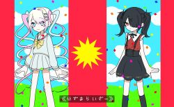 Rule 34 | 2girls, ame-chan (needy girl overdose), arms at sides, black hair, black ribbon, black skirt, blue bow, blue eyes, blue hair, blue serafuku, blue sky, bow, chouzetsusaikawa tenshi-chan, closed mouth, cloud, collared shirt, commentary request, confetti, derivative work, dual persona, feet out of frame, hair bow, hair ornament, hair over one eye, highres, long hair, long sleeves, looking at viewer, lyrics, mesmerizer (vocaloid), multicolored hair, multiple girls, multiple hair bows, neck ribbon, needy girl overdose, pink bow, pink hair, purple bow, quad tails, rectangle (rk0 0tan), red eyes, red shirt, ribbon, sailor collar, school uniform, serafuku, shirt, skirt, sky, smile, standing, suspender skirt, suspenders, translation request, twintails, vocaloid, x hair ornament