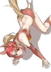 Rule 34 | 1girl, absurdres, all fours, animal ears, ass, bare shoulders, blonde hair, breasts, bridle, brown buruma, brown eyes, brown hair, brown socks, brown sports bra, buruma, chestnut thoroughbred (kemono friends), closed mouth, commentary request, detached sleeves, extra ears, from above, highres, horse ears, horse girl, horse tail, kemono friends, kneehighs, long hair, long sleeves, looking at viewer, looking up, medium breasts, midriff, multicolored hair, ponytail, simple background, single kneehigh, single sock, socks, solo, sports bra, tail, tanabe (fueisei), two-tone hair, white background