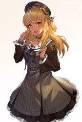 Rule 34 | 1girl, :d, black choker, black hat, blonde hair, braid, brown jacket, choker, cowboy shot, dark-skinned female, dark skin, dress, elf, french braid, grey dress, half updo, hat, highres, hololive, jacket, jewelry, long hair, looking at viewer, multicolored hair, open mouth, pendant, pinstripe dress, pinstripe pattern, pointy ears, sailor dress, sailor hat, shiranui flare, shiranui flare (street), short ponytail, simple background, sleeveless, sleeveless dress, smile, solo, streaked hair, striped, teeth, twirling hair, upper teeth only, virtual youtuber, vococo