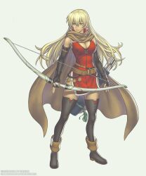 Rule 34 | 1girl, black footwear, black gloves, black thighhighs, blonde hair, boots, bow (weapon), breasts, cape, cleavage, commission, dark-skinned female, dark skin, dress, elbow gloves, fingerless gloves, fire emblem, fire emblem: the binding blade, fire emblem heroes, gloves, gofelem, grey background, holding, holding bow (weapon), holding weapon, igrene (fire emblem), large breasts, long hair, looking to the side, mole, mole under eye, nintendo, quiver, red dress, red thighhighs, short dress, side slit, simple background, solo, thigh boots, thighhighs, thighs, weapon, yellow eyes