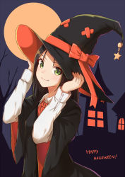 Rule 34 | 1girl, bare tree, black hair, bow, collared shirt, fang, fang out, green eyes, halloween, happy halloween, hat, highres, house, itachi kanade, long hair, looking at viewer, moon, necktie, night, orange bow, original, robe, shirt, smile, solo, striped necktie, striped neckwear, tree, witch, witch hat