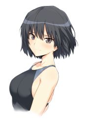 Rule 34 | 1girl, amagami, black eyes, black hair, blush, breasts, closed mouth, competition swimsuit, from side, halcon, highres, looking at viewer, medium breasts, nanasaki ai, one-piece swimsuit, short hair, simple background, skindentation, smile, solo, swimsuit, upper body, white background