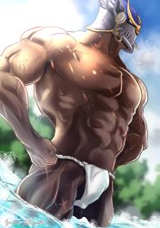 Rule 34 | 1boy, abs, absurdres, bad id, bad pixiv id, bara, bare pectorals, bare shoulders, bulge, dark-skinned male, dark skin, fundoshi, hands on own hips, helmet, highres, japanese clothes, jewelry, large pectorals, magnoliaboxuzu, male focus, muscular, muscular male, pectorals, scar, shiva (housamo), signature, solo, thighs, tokyo houkago summoners, veins