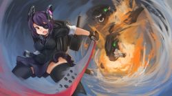 Rule 34 | 10s, 1girl, arceonn, black gloves, black thighhighs, breasts, explosion, eyepatch, gloves, glowing, glowing eyes, green eyes, kantai collection, md5 mismatch, mecha musume, medium breasts, monster, motion blur, necktie, personification, purple hair, scabbard, sheath, short hair, skirt, sleeves rolled up, solo focus, sword, tenryuu (kancolle), thighhighs, translated, water, weapon, yellow eyes