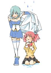 Rule 34 | 10s, 2girls, arm behind back, armband, bad id, bad pixiv id, blue eyes, blue hair, cape, hair ribbon, kaname madoka, magical girl, mahou shoujo madoka magica, mahou shoujo madoka magica (anime), miki sayaka, multiple girls, pink eyes, pink hair, rain, ribbon, school uniform, shared cape, shared clothes, short hair, short twintails, silphy112, sitting, standing, tears, thighhighs, twintails, zettai ryouiki