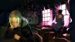 Rule 34 | 1boy, 1girl, bar (place), cherry blossoms, coat, curtains, ellen (folkssoul), folkssoul, from behind, hands in pockets, head rest, indoors, keats, long sleeves, looking at viewer, looking away, official art, sidelocks, sitting, smile, standing, upper body, wind, window