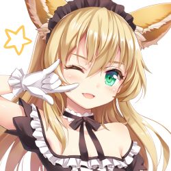 Rule 34 | 1girl, ;d, \m/, animal ears, blonde hair, choker, colored eyelashes, commentary request, elin, fang, frills, gloves, green eyes, long hair, looking at viewer, lowres, maid, maid headdress, momoko (momopoco), off-shoulder shirt, off shoulder, one eye closed, open mouth, ribbon choker, seikan hikou, shirt, smile, solo, star (symbol), tera online, white gloves, wink