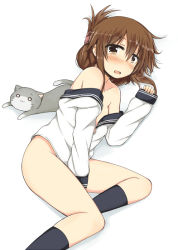 Rule 34 | 10s, 1girl, :3, blush, bottomless, breasts, brown eyes, brown hair, cat, covering privates, covering crotch, folded ponytail, half updo, inazuma (kancolle), kantai collection, lock heart (juuryokudou), looking at viewer, lying, naked shirt, off shoulder, open mouth, partially undressed, personification, shirt, sleeves past wrists, solo