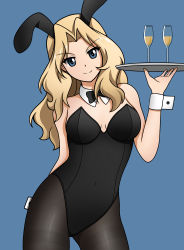 Rule 34 | absurdres, animal ears, black leotard, blonde hair, blue background, blue eyes, bow, bowtie, cup, detached collar, drinking glass, fake animal ears, girls und panzer, hair intakes, highres, holding, holding tray, kay (girls und panzer), leotard, long hair, oversized breast cup, pantyhose, playboy bunny, rabbit ears, sayarbea, solo, strapless, strapless leotard, thigh gap, tray