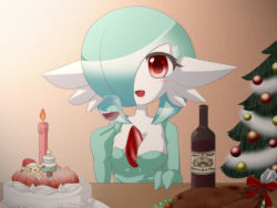 Rule 34 | 1girl, alcohol, blush, breasts, cake, candle, christmas, creatures (company), female focus, food, game freak, gardevoir, gen 3 pokemon, looking at viewer, nintendo, pokemon, pokemon (creature), pov, red eyes, shiratsuki (royal moon), solo, tree, wine