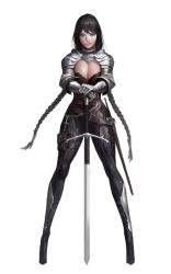 Rule 34 | &gt;:/, 1girl, :/, armor, blue eyes, braid, breasts, brown hair, claymore (sword), cleavage, closed mouth, dongho kang, full body, gauntlets, hands on hilt, holster, image sample, legs apart, long hair, looking at viewer, original, realistic, sheath, sheathed, simple background, solo, standing, sword, thigh holster, twin braids, v-shaped eyebrows, very long hair, weapon, white background