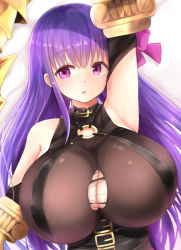 Rule 34 | 10s, 1girl, arm at side, armpits, bare shoulders, black shirt, blush, breasts, cleavage, fate/extra, fate/extra ccc, fate/grand order, fate (series), gigantic breasts, hair ribbon, huge breasts, long hair, looking at viewer, neneru, o-ring, o-ring top, passionlip (fate), purple eyes, purple hair, revision, ribbon, shirt, sleeveless, sleeveless shirt, upper body, very long hair