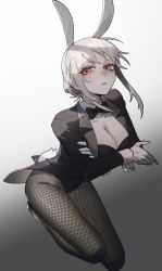 Rule 34 | 1girl, absurdres, animal ears, black bow, black bowtie, black leotard, bow, bowtie, breasts, cleavage, crossed arms, fishnet pantyhose, fishnets, full body, gloves, gradient background, grey background, grey hair, hair bun, highres, leotard, looking at viewer, medium breasts, orange eyes, original, pantyhose, parted lips, playboy bunny, rabbit ears, rabbit tail, sidelocks, single hair bun, solo, tail, tailcoat, tsu (lovesick1964), two (tsu (lovesick1964)), white gloves