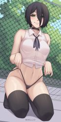 Rule 34 | 1girl, bare arms, bare shoulders, black choker, black hair, breasts, chain-link fence, chainsaw man, choker, commentary, fence, green eyes, hair between eyes, highres, looking at viewer, navel, panties, panty pull, reze (chainsaw man), seiza, shellvi, shirt, sitting, smile, solo, stomach, thighhighs, underwear
