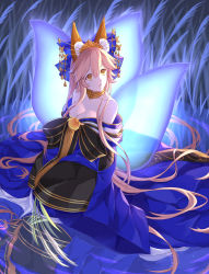 Rule 34 | 10s, animal ears, breasts, cleavage, collarbone, fate/extra, fate/extra ccc, fate/grand order, fate (series), fox ears, fox tail, glowing tail, hair ribbon, highres, japanese clothes, kimono, large breasts, long hair, looking afar, looking at viewer, multiple tails, night, official alternate costume, open mouth, outdoors, pink hair, ribbon, solo, tail, tamamo (fate), tamamo no mae (fate/extra), tamamo no mae (third ascension) (fate), titapi, water, yellow eyes