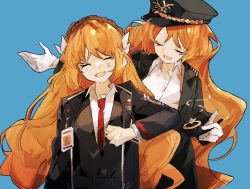 2girls :d anger_vein black_coat blue_background closed_eyes coat collared_shirt dual_persona false_smile freckles gloves hat highres ishmael_(project_moon) limbus_company long_hair minasemochii multiple_girls necktie open_clothes open_coat open_collar open_mouth orange_hair peaked_cap pequod_(identity)_(project_moon) project_moon red_necktie shirt smile smoking_pipe very_long_hair white_gloves white_shirt