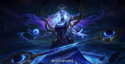 Rule 34 | 1girl, absurdres, blue dress, blue eyes, blue eyeshadow, blue hair, bracelet, breasts, colored skin, cosmic lux, dress, dust, eyeshadow, floating hair, gradient background, grey hair, hair ornament, highres, in orbit, jewelry, large breasts, league of legends, light, long hair, looking at viewer, lux (league of legends), magic, makeup, mole, mole under eye, object floating above hand, orbited, outstretched arm, parted bangs, parted lips, planet, rock, sky, sleeveless, sleeveless dress, solo, space, standing, star (sky), starry sky, wand, zsanyang