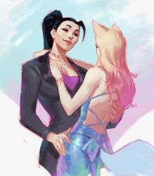Rule 34 | 2girls, absurdres, ahri (league of legends), backless dress, backless outfit, black eyes, black hair, black jacket, blonde hair, blue dress, closed mouth, couple, cowboy shot, dimple, dress, eye contact, hand on another&#039;s back, hand on another&#039;s hip, highres, jacket, jeremy anninos, jewelry, k/da (league of legends), k/da ahri, k/da kai&#039;sa, kai&#039;sa, league of legends, long hair, looking at another, multiple girls, necklace, pink hair, ponytail, straight hair, suit jacket, yuri