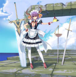 Rule 34 | 1girl, apron, black dress, blue sky, breasts, cleavage, cleavage cutout, clothing cutout, cloud, day, demon girl, demon horns, dress, food, full body, greatsword, hand on own hip, highres, horns, huge weapon, kouno (masao), large breasts, looking at viewer, maid, maid apron, maid headdress, ocean, original, outstretched arm, pantyhose, planted, planted sword, planted weapon, plate, pudding, puffy short sleeves, puffy sleeves, purple eyes, purple hair, short hair, short sleeves, sky, smile, solo, sword, waist apron, weapon, white pantyhose, wrist cuffs
