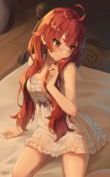 Rule 34 | 1girl, ahoge, bed, blush, breasts, closed mouth, collarbone, commentary request, dress, eris greyrat, frilled dress, frills, highres, indoors, long hair, looking away, looking to the side, morigami (morigami no yashiro), mushoku tensei, nightgown, on bed, red eyes, red hair, sleepwear, sleeveless, sleeveless dress, small breasts, solo, sweat, sweatdrop, thick eyebrows, white dress