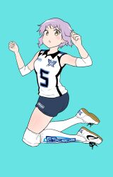 Rule 34 | 1girl, aqua background, blue shorts, blush, breasts, burningsushi, chestnut mouth, clenched hand, commentary, elbow pads, full body, hands up, highres, idolmaster, idolmaster million live!, jumping, knee pads, legs, looking at viewer, makabe mizuki, midair, print shirt, print socks, purple hair, shirt, short hair, short shorts, shorts, sidelocks, sleeveless, sleeveless shirt, small breasts, socks, solo, sportswear, thighs, v-shaped eyebrows, volleyball uniform, wavy hair, white footwear, white shirt, white socks, yellow eyes