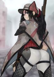 Rule 34 | 1girl, absurdres, andre borges, ass, ass focus, back, black hair, camouflage, fingerless gloves, from behind, gloves, gun, hat, highres, kai schren, long hair, looking at viewer, looking back, military, military uniform, pants, pantylines, ponytail, red scrunchie, rifle, scrunchie, senjou no valkyria (series), senjou no valkyria 4, skin tight, sniper rifle, solo, thighs, tight clothes, tight pants, uniform, weapon
