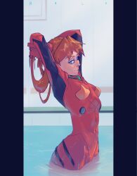 Rule 34 | 1girl, arms up, artist request, ass, blue eyes, blush, bodysuit, breasts, brown hair, hair between eyes, hair ornament, hand in own hair, highres, interface headset, lips, long hair, neon genesis evangelion, pilot suit, plugsuit, red bodysuit, shiny clothes, simple background, skin tight, smile, solo, souryuu asuka langley, stretching, two side up, very long hair, water, wet, wide hips