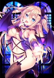 Rule 34 | 1girl, ahoge, bare shoulders, blonde hair, blue eyes, breasts, brown thighhighs, center opening, choker, cleavage, commentary request, covered erect nipples, demon girl, demon horns, demon tail, demon wings, fang, finger to mouth, fishnet thighhighs, fishnets, garter straps, hair between eyes, heart, high heels, horns, large breasts, leg up, leotard, long hair, looking at viewer, nail polish, navel, original, outstretched arm, pointy ears, purple leotard, revealing clothes, sidelocks, skindentation, solo, sorai shin&#039;ya, stomach, tail, thighhighs, thighs, traene (sorai shin&#039;ya), two side up, very long hair, window, wings
