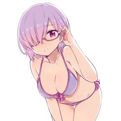 Rule 34 | 1girl, bikini, blush, breasts, chan co, cleavage, collarbone, cowboy shot, fate/grand order, fate (series), glasses, hair over one eye, tucking hair, large breasts, leaning forward, looking at viewer, mash kyrielight, mash kyrielight (swimsuit of perpetual summer), navel, official alternate costume, open mouth, purple-framed eyewear, purple bikini, purple eyes, purple hair, semi-rimless eyewear, short hair, simple background, smile, solo, swimsuit, thigh gap, thighs, white background