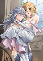 Rule 34 | absurdres, alternate costume, alternate hairstyle, bare shoulders, blonde hair, blush, blush stickers, carrying, collarbone, dark magician girl, detached sleeves, dress, duel monster, flower, green eyes, grey hair, hair flower, hair ornament, high heels, highres, hip vent, indoors, long hair, misakura aoi, parted lips, princess carry, red eyes, silent magician, smile, strapless, strapless dress, teeth, upper teeth only, wedding dress, white dress, white footwear, window, yu-gi-oh!