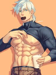 Rule 34 | 1boy, abs, absurdres, bara, black male underwear, black shirt, blue eyes, brown pants, clothes lift, cookie, cup, fate/grand order, fate (series), food, food in mouth, highres, holding, holding cup, large pectorals, lifted by self, looking at viewer, male focus, male underwear, male underwear peek, milk, muscular, muscular male, orange background, oreo, pants, pectorals, percival (fate), shirt, shirt lift, short hair, solo, turtleneck, underpec, underwear, white hair, yaekaidou