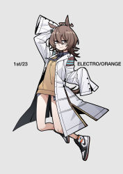 Rule 34 | 1girl, absurdres, agnes tachyon (umamusume), ahoge, alternate footwear, animal ears, black necktie, brown eyes, brown hair, chemical structure, commentary, earrings, english commentary, english text, grey background, highres, horse ears, horse girl, horse tail, jewelry, lab coat, long sleeves, messy hair, necktie, neonfloyd, no pants, shoes, short hair, short necktie, simple background, single earring, sleeves past fingers, sleeves past wrists, sneakers, solo, sweater, tail, umamusume, yellow sweater
