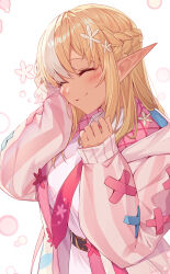 Rule 34 | 1girl, absurdres, blonde hair, blush, braid, closed eyes, collared dress, dark-skinned female, dark skin, dress, flower, french braid, hair flower, hair ornament, highres, hololive, hood, hoodie, long hair, multicolored hair, official alternate costume, pink dress, pink hoodie, pointy ears, shiranui flare, shiranui flare (4th costume), smile, solo, streaked hair, tang-du, virtual youtuber, white background, white hair