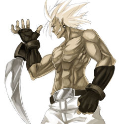 Rule 34 | 1boy, arc system works, arm blade, belt, chipp zanuff, earrings, fingerless gloves, gloves, grin, guilty gear, jewelry, male focus, muscular, red eyes, simple background, smile, solo, tomasu, topless male, tsurukame, weapon, white hair