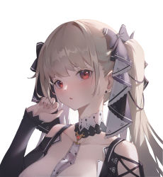 Rule 34 | 1girl, absurdres, azur lane, bare shoulders, black ribbon, breasts, cleavage, clothing cutout, detached collar, formidable (azur lane), hair ribbon, highres, large breasts, long hair, platinum blonde hair, red eyes, ribbon, shoulder cutout, simple background, solo, ten-u, twintails, two-tone ribbon, upper body, white background