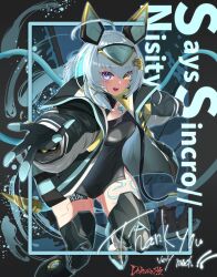 Rule 34 | artist request, blue hair, character name, cyborg, female focus, gloves, heterochromia, highres, indie virtual youtuber, jacket, mechanical legs, sayu sincronisity, solo, tattoo, thighs, virtual youtuber