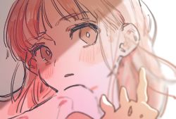 Rule 34 | 0 05kmgrn, 1girl, blurry, blurry foreground, blush, bright pupils, brown eyes, censored, looking at viewer, orange hair, original, parted lips, portrait, solo, white pupils