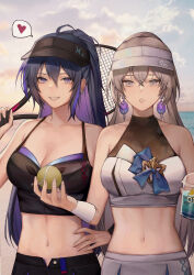 Rule 34 | 2girls, absurdres, adapted costume, ahoge, ball, bare arms, bare shoulders, blue sky, breasts, bronya rand, camisole, cleavage, collaboration, collarbone, commentary request, crop top, cup, day, disposable cup, earrings, grey eyes, grey hair, grin, heart, highres, holding, holding ball, honkai: star rail, honkai (series), jewelry, large breasts, long hair, looking at viewer, matcha 202, medium breasts, midriff, multiple girls, navel, open fly, outdoors, parted lips, purple eyes, purple hair, racket, seele (honkai: star rail), shirt, sidelocks, sky, sleeveless, sleeveless shirt, smile, spaghetti strap, spoken heart, stomach, tennis ball, tennis racket, upper body, very long hair, visor cap, water, ying haram